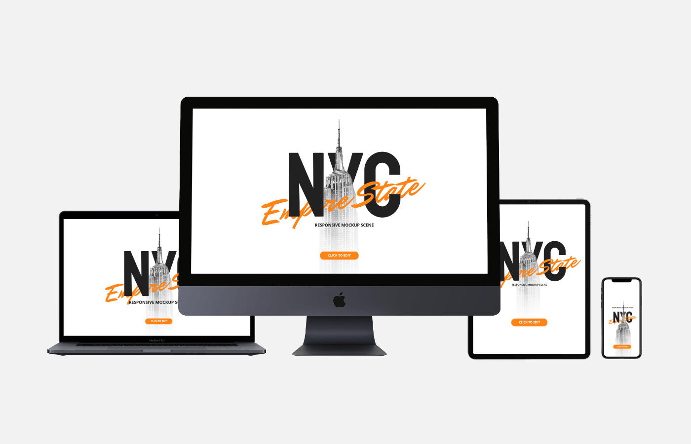 Completely layered psd file (5000 x 3400 px) with three smart . Apple Devices Responsive Mockup Scene