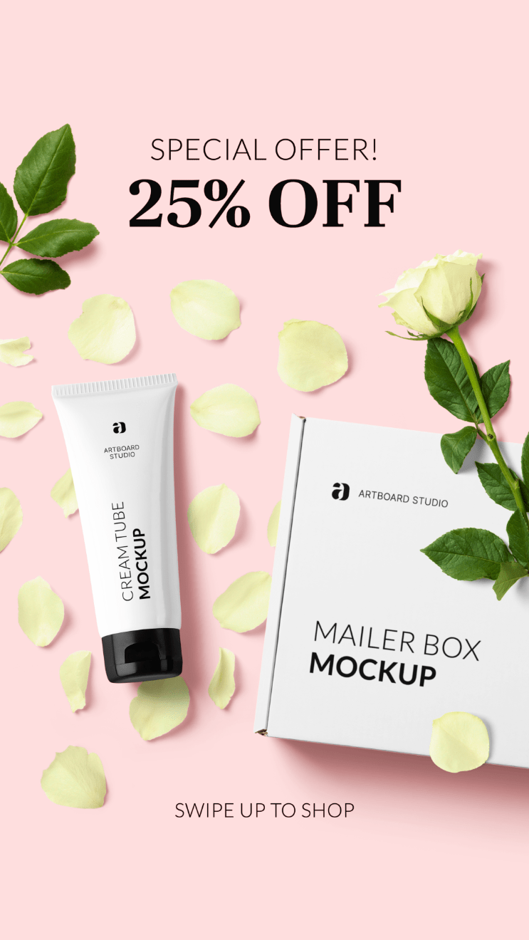 Design your instagram ad · app installs · website clicks · video post · photo post · instagram story . Instagram Story Template With Cream Tube And Mailer Box Mockups