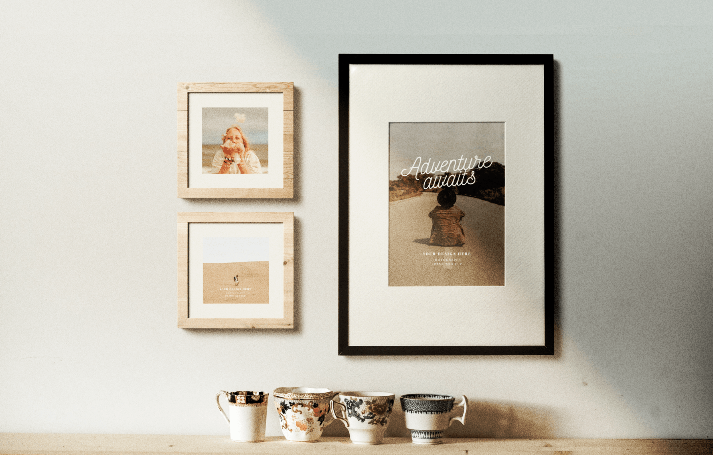 A free mockup of poster frames in a classic playroom allows you to display artwork, canvas prints, or photos in an online shop, blog/website, . Free Photo Frames On The Wall Mockup Scene